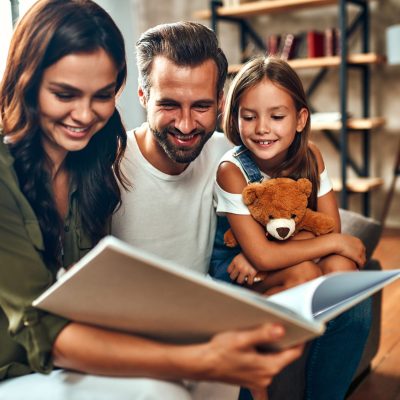 Happy dad and mom with their cute daughter and teddy bear are reading a book while sitting on the sofa in the living room at home.